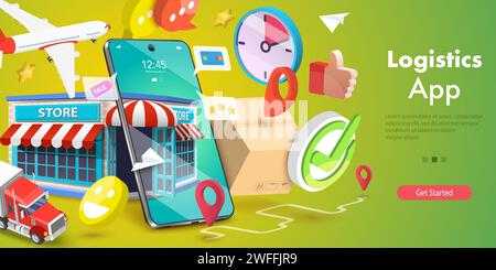 3D Isometric Flat Vector Conceptual Illustration of Logistics App, Delivery Tracking, Cargo Fast Delivery. Stock Vector