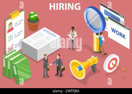 3D Isometric Flat Vector Conceptual Illustration of Hiring Process, Searching for Candidates, Headhunting and Recruitment, HR Manager Review. Stock Vector
