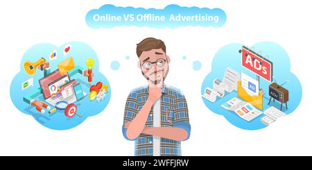 3D Vector Conceptual Illustration of Online vs Offline Advertising, Social Media Campaig, Inbound vs Outbound Marketing Strategy. Stock Vector