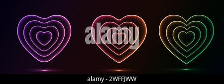 Set of glowing neon color heart shape with wavy dynamic lines on black background technology concept. Love light frame border for badges, price tag, l Stock Vector