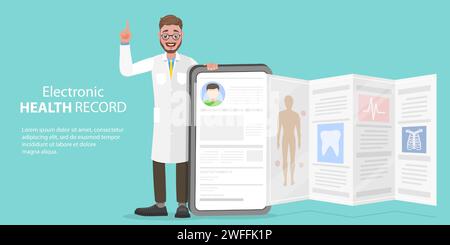 Vector Conceptual Illustration of EHR - Electronic Health Record, Electronically-Stored Patient Health Database. Stock Vector