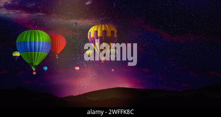 Hot air balloons in sky at evening. Banner design Stock Photo