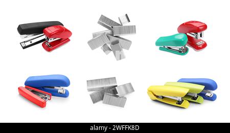 Different colorful staplers and fasteners isolated on white, collection Stock Photo