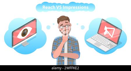 3D Isometric Flat Vector Conceptual Illustration of Reach vs Impression, Total Number of People Who See Content vs. Number of Times Content is Display Stock Vector