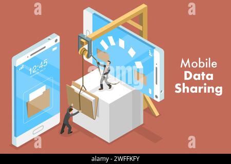 3D Isometric Flat Vector Conceptual Illustration of Mobile File Sharing, Cloud Data Transfer. Stock Vector