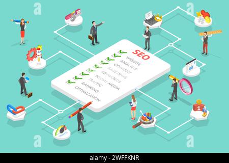 3D Isometric Flat Vector Conceptual Illustration of SEO, Search Engine Ranking, Website Optimization Marketing. Stock Vector