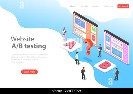 Isometric flat vector landing page template of AB testing, split test, A-B comparison, web development. Stock Vector