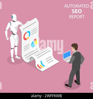 Flat isometric vector concept of automated SEO report, website performance, data analysis, web analytics, digital marketing strategy. Stock Vector