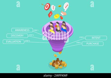 Isometric flat vector landing page template of conversion funnel, rate optimization, digital marketing strategy. Stock Vector