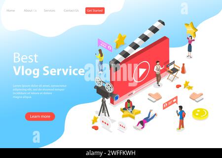 Flat isometric vector landing page template of video blog, vlog, online channel, creating video content. Stock Vector