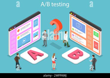Isometric flat vector concept of AB testing, split test, A-B comparison, web development. Stock Vector