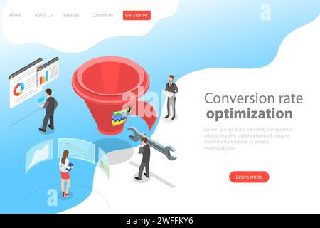Isometric flat vector landing page template of conversion rate optimization, marketing funnel, digital marketing strategy. Stock Vector