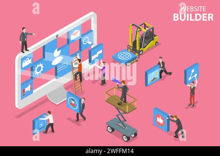 Isometric flat vector concept of website builder, site constructor, web services agency, software deveolpment. Stock Vector
