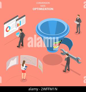 Isometric flat vector concept of conversion rate optimization, marketing funnel, digital marketing strategy. Stock Vector