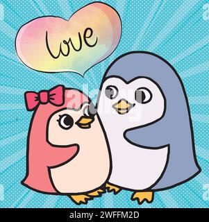 Penguin love pop art style Valentines day pop art Stock Vector