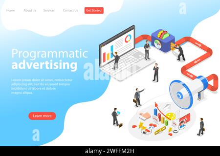 Flat isometric vector landing page template of programmatic advertising, social media campaign. Stock Vector