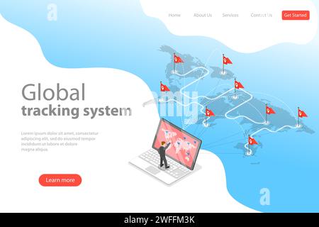 Isometric flat vector landing page template of worldwide freight shipping, global tracking system, cargo delivery, logistics network. Stock Vector