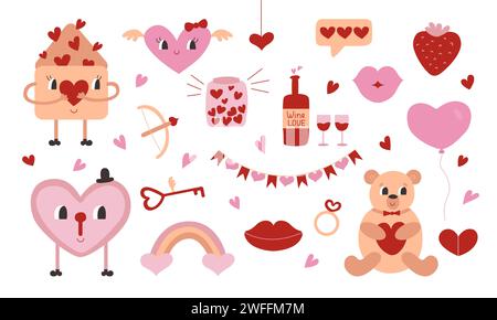 Valentine's Day kawaii cute set in retro style and peach fuzz trendy color with flat characters: heart, bear, envelope, lock with key. Love and weddin Stock Vector