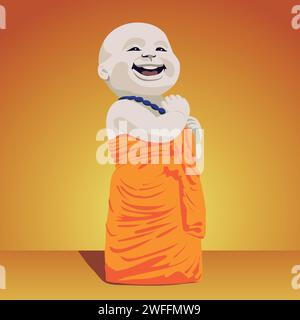 happy little buddha stand up. Buddhist monk cartoon character statue. Stock Vector