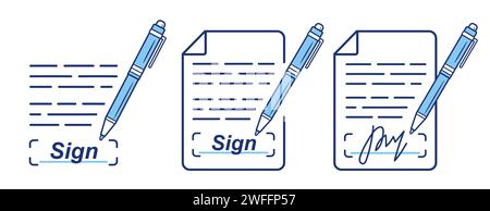 Signature business document with writing pen, online electronic signing digital contract, approve legal paper line icon. E-signature web form. Vector Stock Vector