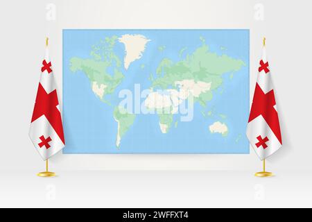 World Map between two hanging flags of Georgia on flag stand. Vector illustration for diplomacy meeting, press conference and other. Stock Vector