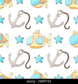 Submarines and sea inhabitants. Creative marine seamless pattern. Pattern in hand draw style, created for fabrics, textiles, wrapping paper, packaging Stock Vector