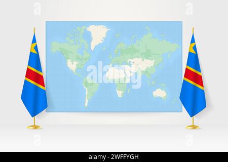 World Map between two hanging flags of DR Congo on flag stand. Vector illustration for diplomacy meeting, press conference and other. Stock Vector