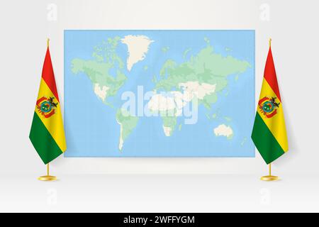 World Map between two hanging flags of Bolivia on flag stand. Vector illustration for diplomacy meeting, press conference and other. Stock Vector