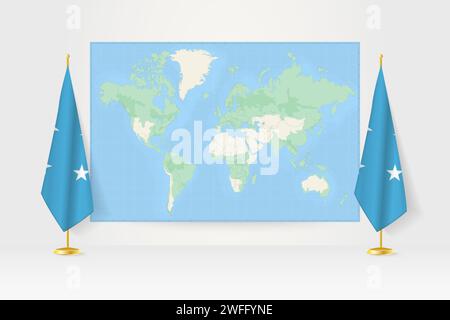 World Map between two hanging flags of Micronesia on flag stand. Vector illustration for diplomacy meeting, press conference and other. Stock Vector