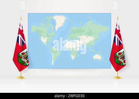 World Map between two hanging flags of Bermuda on flag stand. Vector illustration for diplomacy meeting, press conference and other. Stock Vector