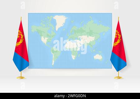 World Map between two hanging flags of Eritrea on flag stand. Vector illustration for diplomacy meeting, press conference and other. Stock Vector