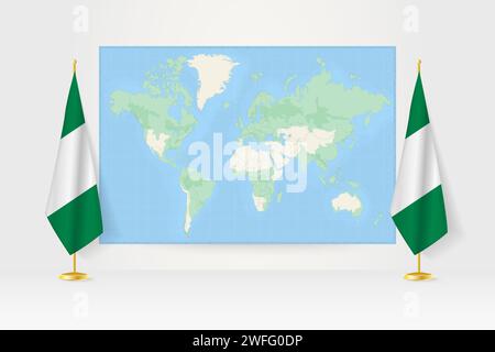 World Map between two hanging flags of Nigeria on flag stand. Vector illustration for diplomacy meeting, press conference and other. Stock Vector