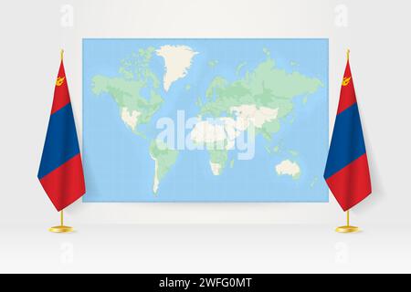 World Map between two hanging flags of Mongolia on flag stand. Vector illustration for diplomacy meeting, press conference and other. Stock Vector