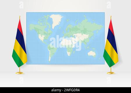 World Map between two hanging flags of Mauritius on flag stand. Vector illustration for diplomacy meeting, press conference and other. Stock Vector