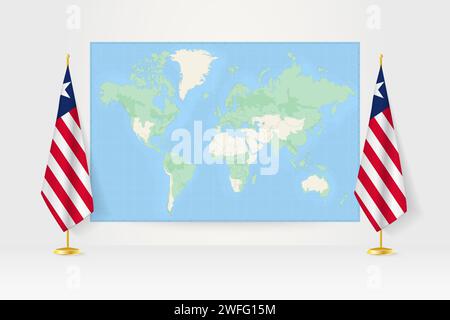 World Map between two hanging flags of Liberia on flag stand. Vector illustration for diplomacy meeting, press conference and other. Stock Vector