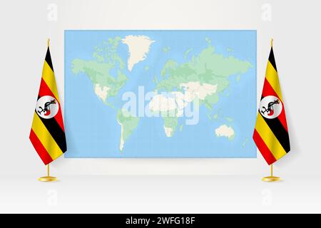 World Map between two hanging flags of Uganda on flag stand. Vector illustration for diplomacy meeting, press conference and other. Stock Vector