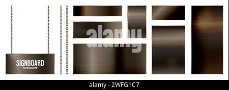 Metal banners hanging on a chain. Realistic shiny steel plate with screws. Polished rusty metal surface. Vector illustration Stock Vector