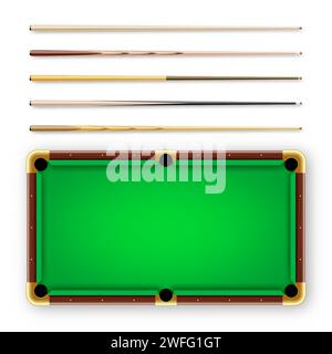 Various wooden billiard cues and green pool table. Snooker sports ...