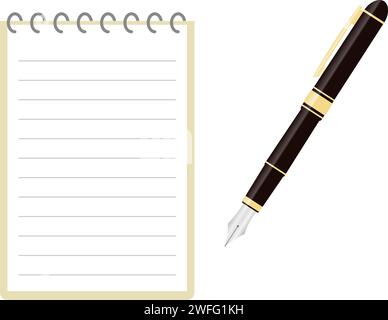 Blank notepad with horizontal lines and fountain pen. Simple illustration in flat design. Stock Vector