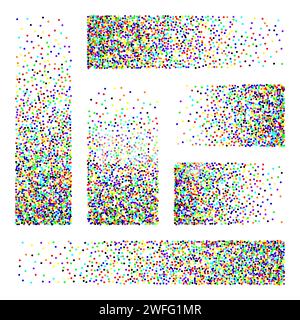 Stipple pattern, dotted rectangular design elements. Stippling, dotwork drawing, shading using dots. Pixel disintegration, random halftone effect Stock Vector