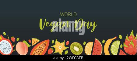 World vegan day. Banner in cartoon style. A Horizontal border of fresh tropical exotic fruits, harvesting. Fresh lemon, lime, watermelon, pitahaya dra Stock Vector