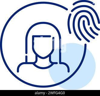 Biometric account access. Woman picture and fingerprint. Pixel perfect, editable stroke Stock Vector