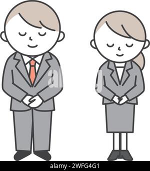 Young men and women in suits bowing with smiles. Simple style illustrations with outlines. Stock Vector