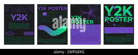 Retro futuristic vibe banners. Vector realistic illustration of y2k aesthetic posters with green and purple color gradient, text and signs on black background, statistics data chart, retrowave collage Stock Vector
