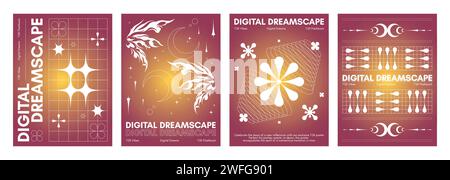 Retro futuristic vibe flyers set. Vector realistic illustration of retrowave posters with elegant decoration, floral design elements, moon, star icons on yellow, red gradient background, y2k banners Stock Vector