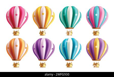 Summer air balloon vector set design. Summer hot air balloons colorful collection for travel, tour and inflatable transportation isolated objects. Stock Vector