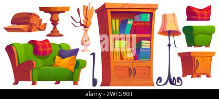 Cozy village cabin interior furniture and decorative elements set. Cartoon vector winter chalet living room inside wooden cabinet with books on shelves, green sofa and poof, floor lamp and nightstand. Stock Vector
