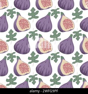 Ripe fig fruits seamless pattern. Background with purple whole figs, halves and leaves. Hand drawn fruity summer print. Healthy organic food ornament Stock Vector