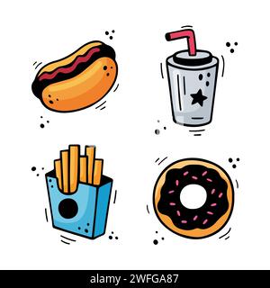 Fast food icons set - Hot Dog, French fries, paper cup with drink, pie, donut. Hand drawn fast food combination. Comic doodle sketch style. Colorful snacks drawn with felt tip pen. Vector illustration Stock Vector