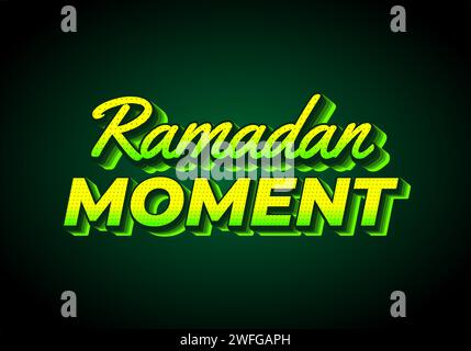 Ramadan moment. Text effect design in 3D look. Yellow green color. Dark background Stock Vector